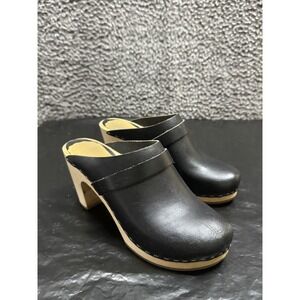 Swedish Hasbeens Toffel Black Leather‎ Wood Clogs Heels Size 37
